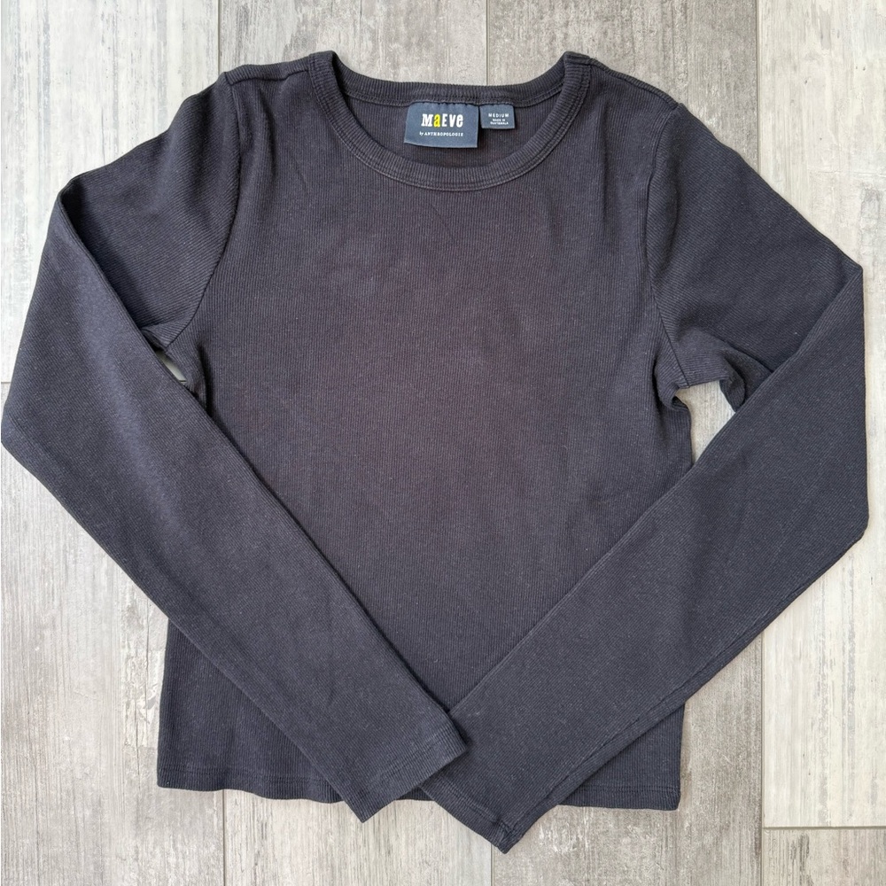 Maeve Ribbed Long Sleeve Crewneck Top Black Size Medium